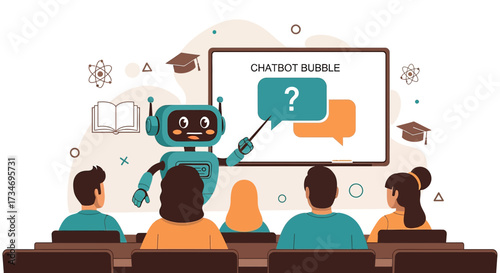 Cartoon robot teaching students about chatbot bubbles in a classroom setting
