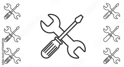 Line art illustration depicting various tools including wrenches and screwdrivers