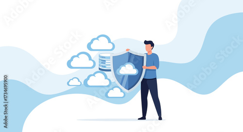 Cloud computing security concept illustration featuring data protection with a shield and clouds