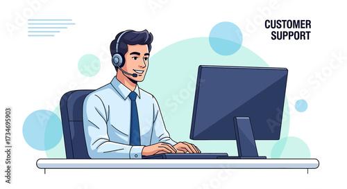 Cheerful Customer Support Representative Assisting Clients Online with Headset and Computer