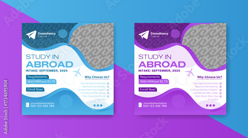 Study in Abroad Consultancy Social Media Post and Square Banner Template International Student Visa and Education Counselling Post Design Modern Overseas Education Agency Square Flyer Template