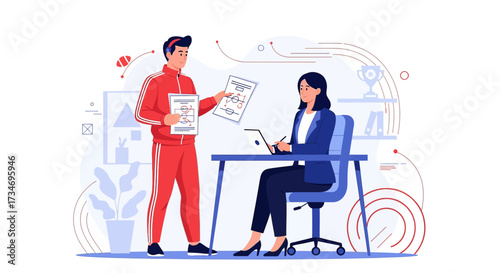 Collaboration and strategy: Businesswoman and coach planning sporting tactics in a modern office
