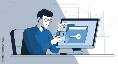 Concept illustration depicting data security with a man securing digital files on a computer screen