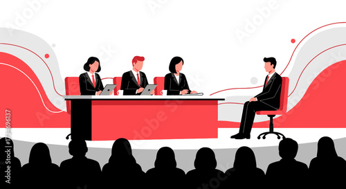 Conceptual Illustration of a Man in Job Interview with Panel of Judges and Audience Watching