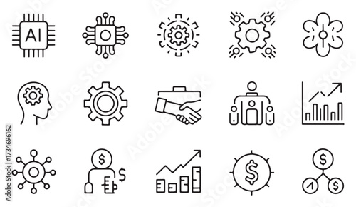 Artificial intelligence line icon pack featuring smart chip, algorithms, robots, and digital transformation elements
