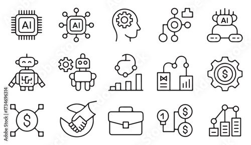Outline icons collection of AI chip, neural network, automation, robotics, and data analytics in minimal clean design