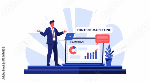 Content marketing presentation with data analysis and professional speaker illustration