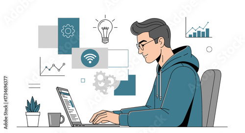 Creative Programmer Working on Laptop with Icons representing Idea and Technology