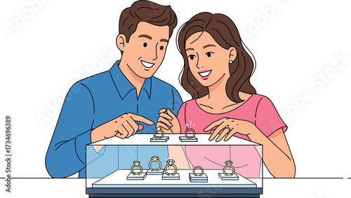 Cartoon couple looking at rings in a jewelry display case