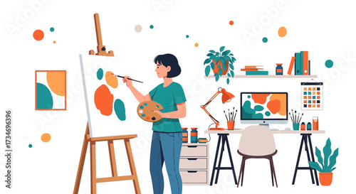 Creative artist painting abstract shapes in a vibrant studio artwork in progress displayed