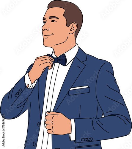 Man in blue suit adjusting bowtie
