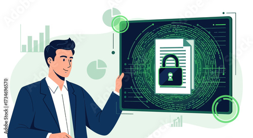Data privacy presentation showcasing secured document with business analysis diagrams