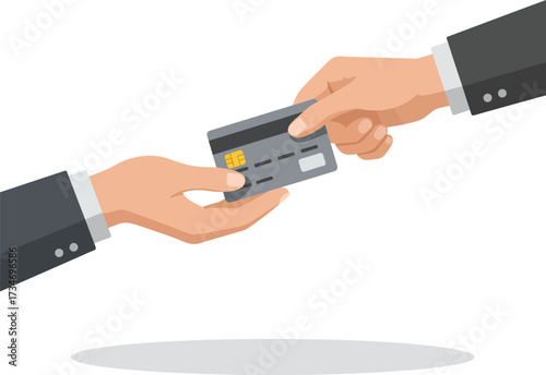 Seamless credit card transaction person to person handing over payment card for purchase flat design vector illustration white background