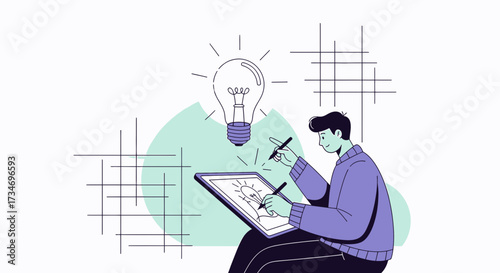 Digital artist designing a bright idea on a tablet with creative inspiration scene