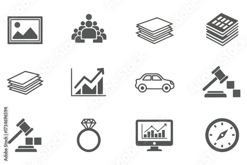 Vector art of set of various business and finance icons, including a picture frame, group of people, stack of papers, graph, car, gavel, ring, computer, and compass