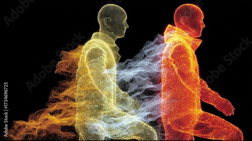   Two individuals stand beside each other against a dark backdrop, with orange and yellow stripes visible around them