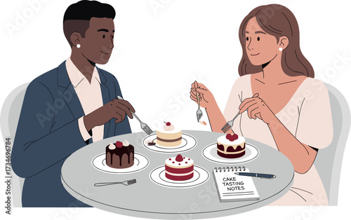 Couple tasting cakes with cake tasting notes