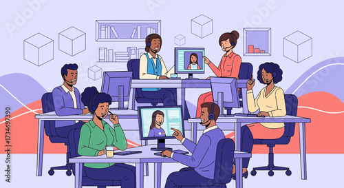 Diverse team of customer support agents providing remote assistance and virtual communication