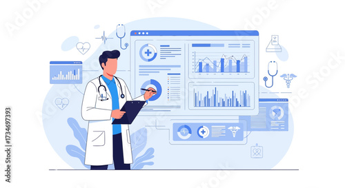 Doctor analyzing medical data on screen for healthcare technology advancement illustration
