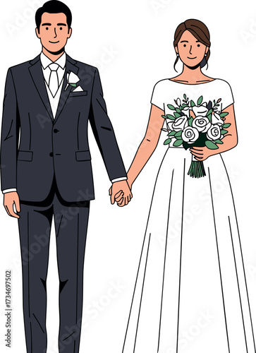 Illustration of a bride and groom holding hands