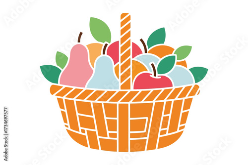 Illustration of a basket filled with various fruits, including apples, pears, and oranges, surrounded by green leaves, a vibrant and colorful design