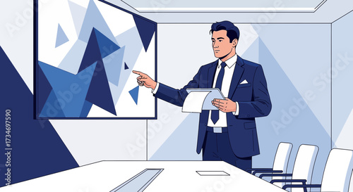 Elegant businessman giving a presentation in a modern conference room setting with geometric