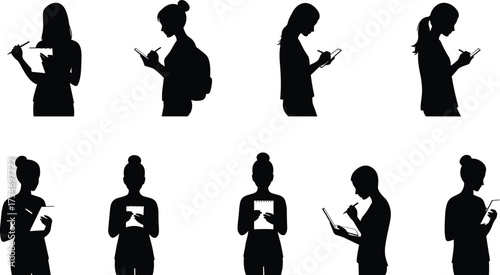 Student silhouettes, writing notebook, reading activity, studying posture, creative journaling, academic lifestyle, education learning illustration set