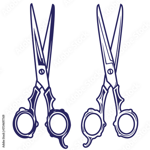 Two elegant barber scissors in detailed vector illustration on a clean white background