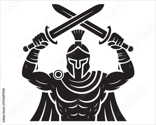 Gladiator warrior silhouette vector illustration with swords raised