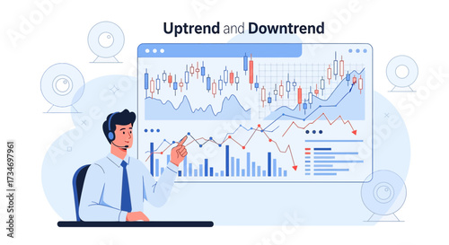 Financial analyst presenting uptrend and downtrend market analysis with charts stock