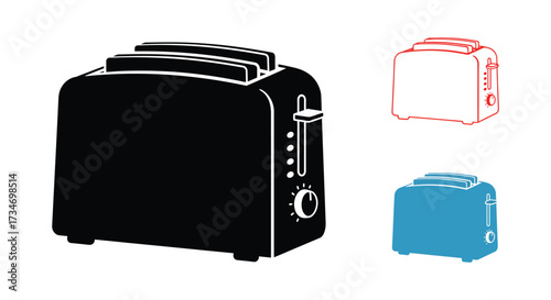Black and colored toaster illustrations with different styles and designs