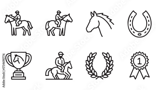 Outline icons set of equestrian sports with horse, rider, horseshoe, trophy, laurel wreath, and champion ribbon