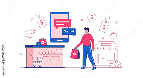Illustration depicting a person shopping with chatbot assistance and online sales