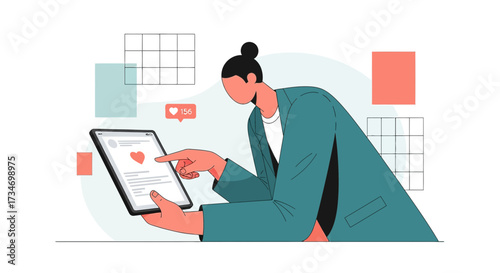 Illustration depicting a woman using a tablet to interact on social media platform