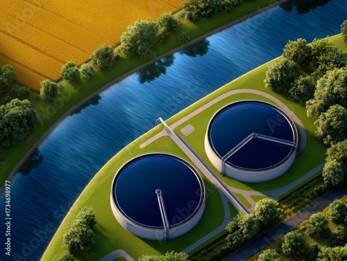 Ecosystem concept, Water treatment plant purifying liquid treatment system
