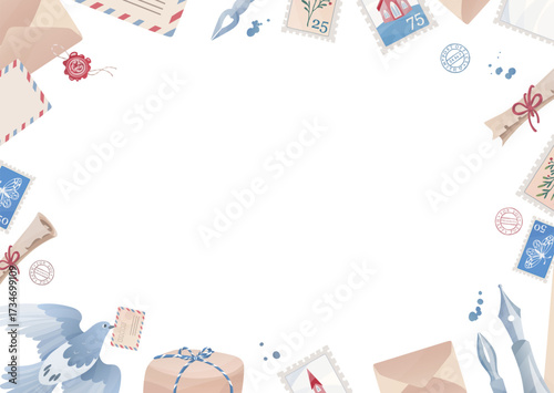 Mail items and writing tools horizontal frame. Pigeon post, envelopes, stamps, airmail letter, postmarks, parcel, fountain pens and ink blobs background. Vector template for greeting cards, posters.
