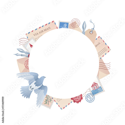Vintage mail envelopes and stamps round frame vector illustration. Carrier pigeon, air post letters, postage tags, postmarks and fountain pens clipart in pastel colors. Template with space for text.