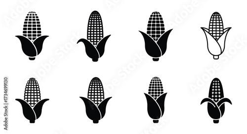 Black and white illustration depicting various corn cob designs and styles