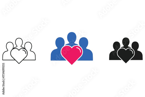 Vector art of community icon set showing group of people with heart in front line, color and silhouette vector illustration of love and support