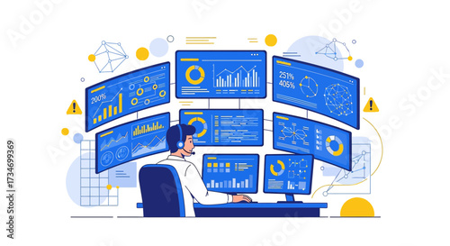 Illustration of a data analyst monitoring stock market trends and financial charts