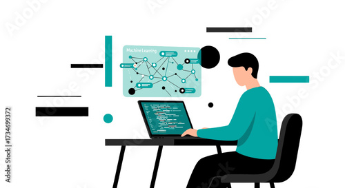 Illustration of a data scientist working on machine learning algorithms and data visualization