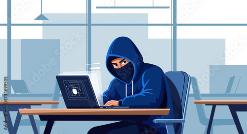 Illustration of a Hacker in a Blue Hoodie Using a Laptop in a Modern Office Setting