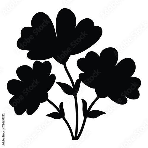 Black silhouette of three flowers with stems and leaves against white background