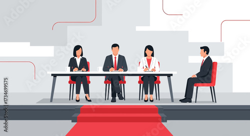 Illustration of a job interview with a panel of judges and a candidate waiting for their turn in a