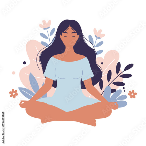 Serene woman meditating in lotus pose surrounded by gentle floral elements peaceful calm flat design vector illustration white background
