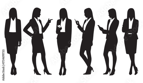 Businesswoman silhouette set showing career women in professional suits with laptops, files, and smartphones for corporate design concepts