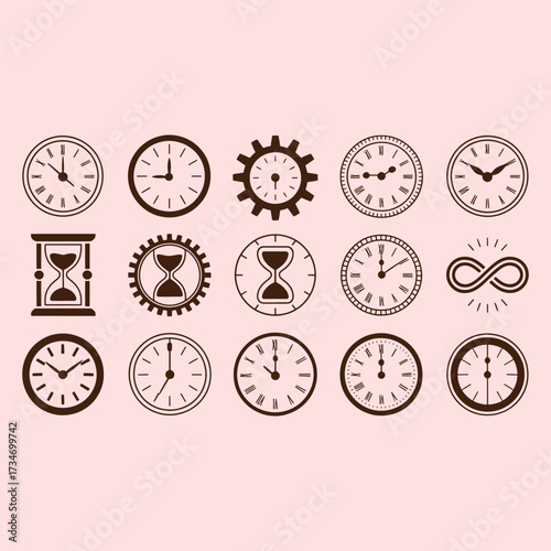 Collection of brown timekeeping icons including clocks hourglasses and infinity symbol on pink background