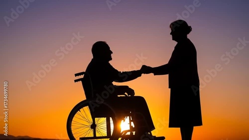 Silhouette of a woman and elderly man in a wheelchair holding hands at sunset, symbolizing connection and care