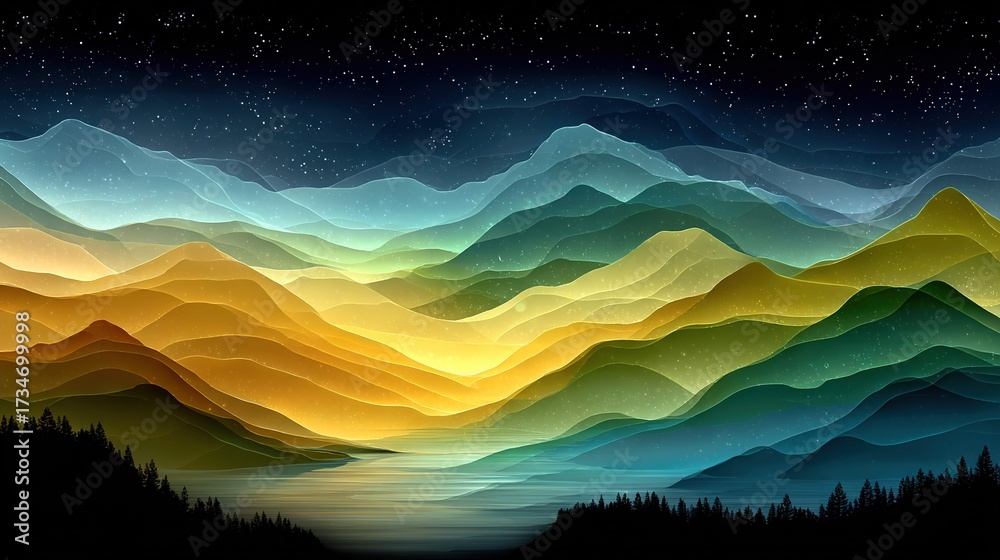 Naklejka premium A serene mountain range graces the foreground while an ethereal lake reflects the heavens above, with distant stars adorning the night sky