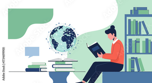 Illustration of a Person Reading a Book with a Global Connection Concept Depicted